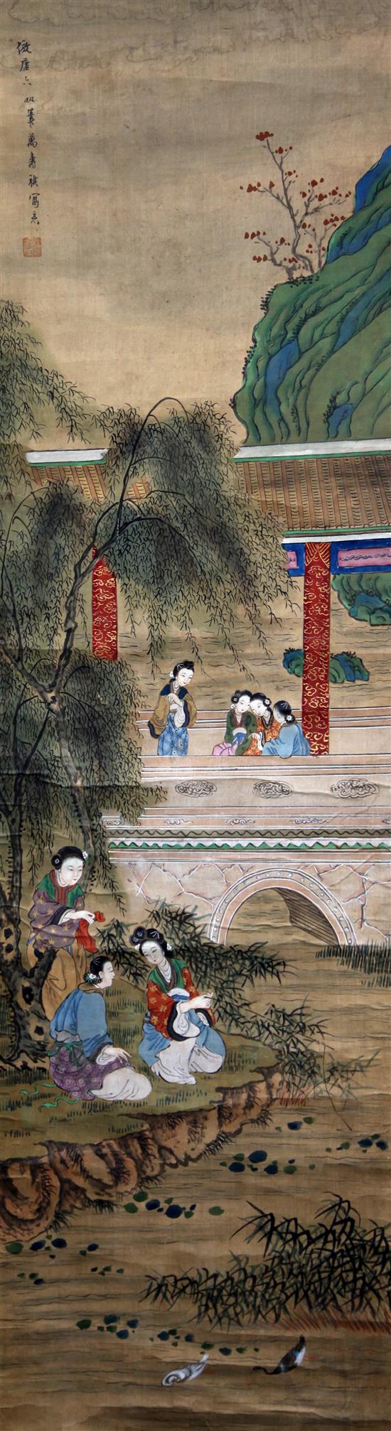 Three Chinese scroll paintings on silk, 19th century, 124 x 34.5cm and 122 x 34cm excluding borders, some faults